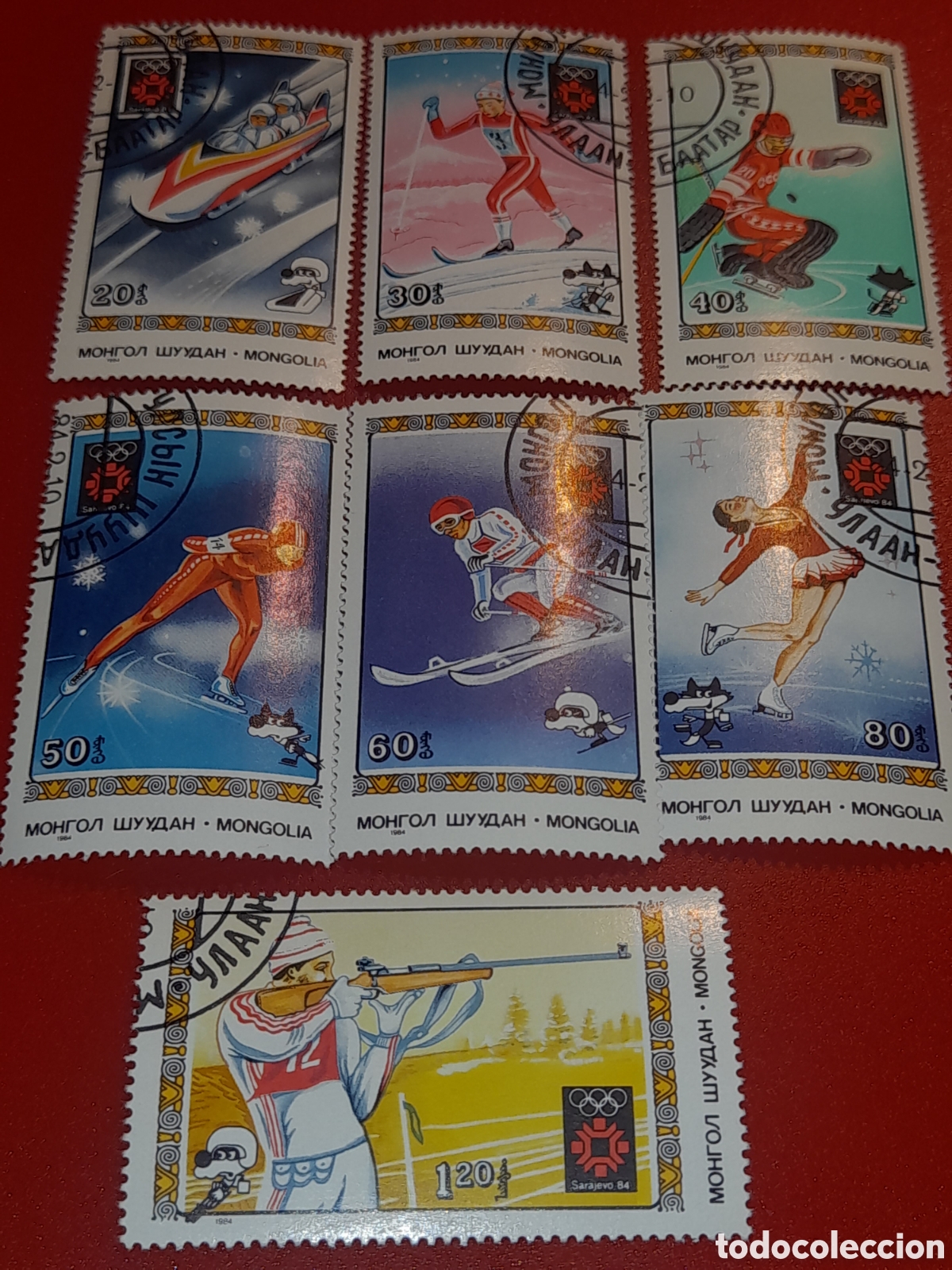 Sellos: Sello Mongolia mtdo 1984. Juegos olimpiada invierno. Sarajevo. Deporte. Atletas. Esqu&iacute;. Patinaje. Ti