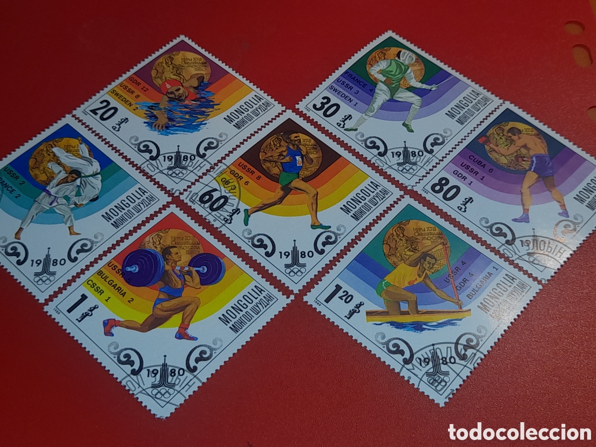 Sellos: Sello Mongolia mtdo 1980. Juegos olimpiada. Mosc&uacute;,80. Medallero disciplinas. Atletas. Halterofilia.