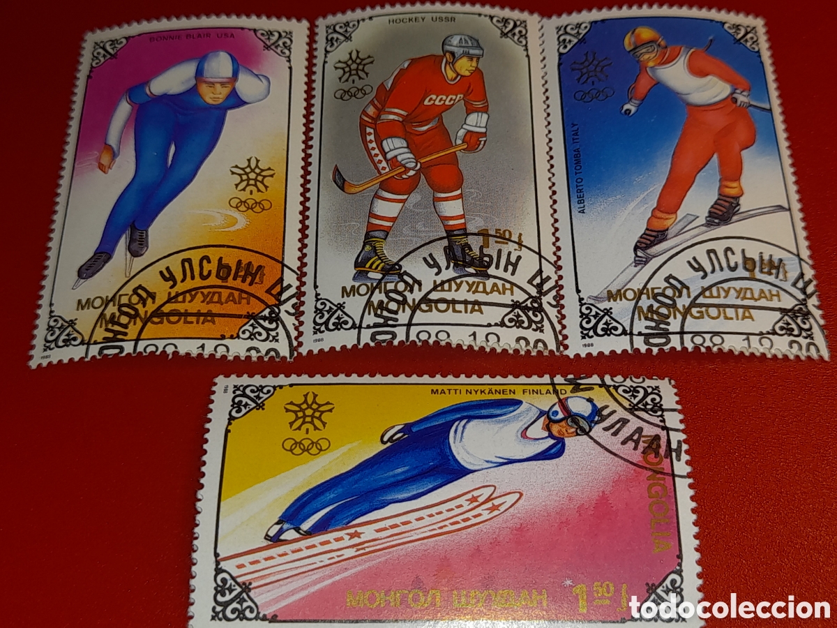 Sellos: Sello Mongolia mtdo 1988. Juegos olimpiada invierno. Calgary, 88. Campeones. Atletas. Esqu&iacute;. Patinaj