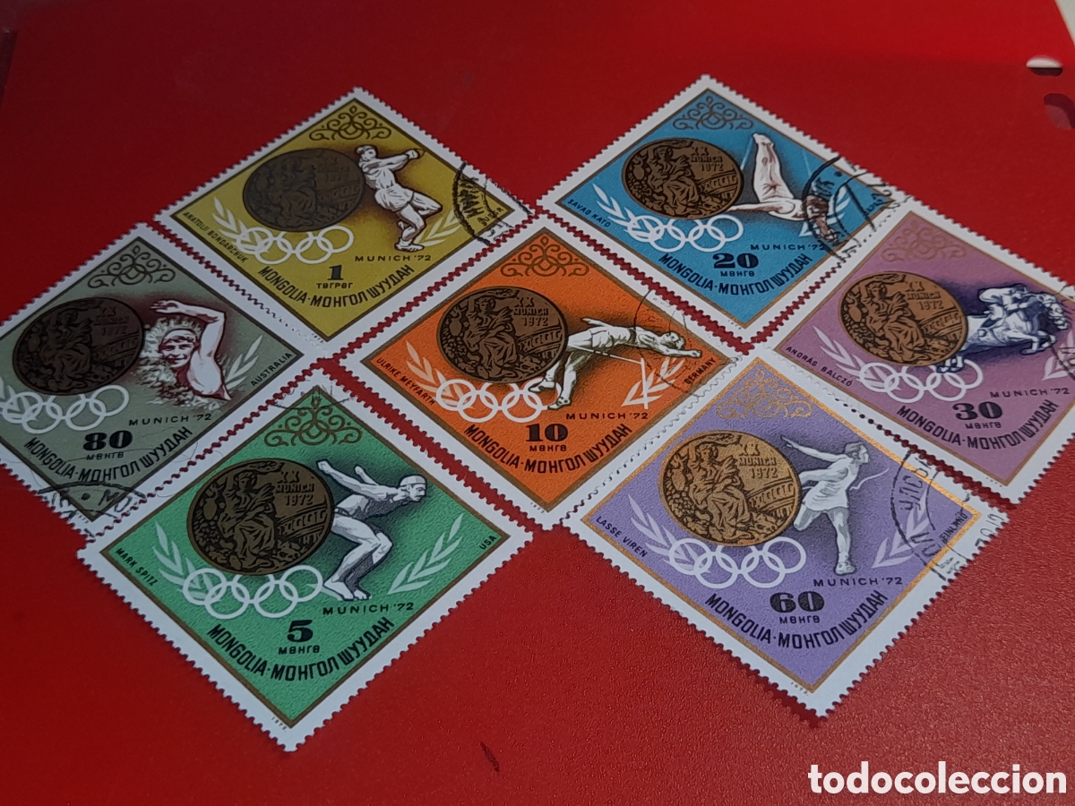 Sellos: Sello Mongolia mtdo 1972. Juegos olimpiada. Munich,72. Deporte. Atletas. Nataci&oacute;n. H&iacute;pica. Martillo.