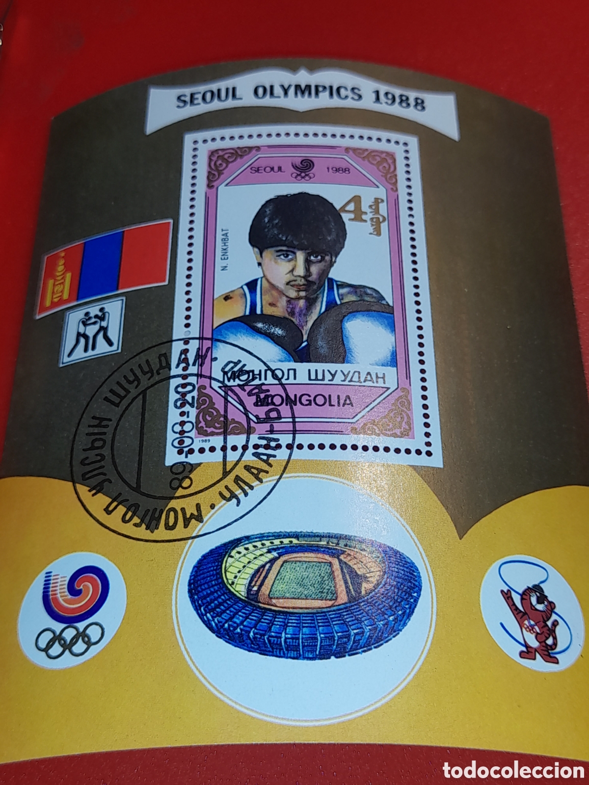 Sellos: HB Mongolia mtdo 1989. Juegos olimpiada Se&uacute;l. Campeones. Boxeo. Bandera. Atletas. Estadium.