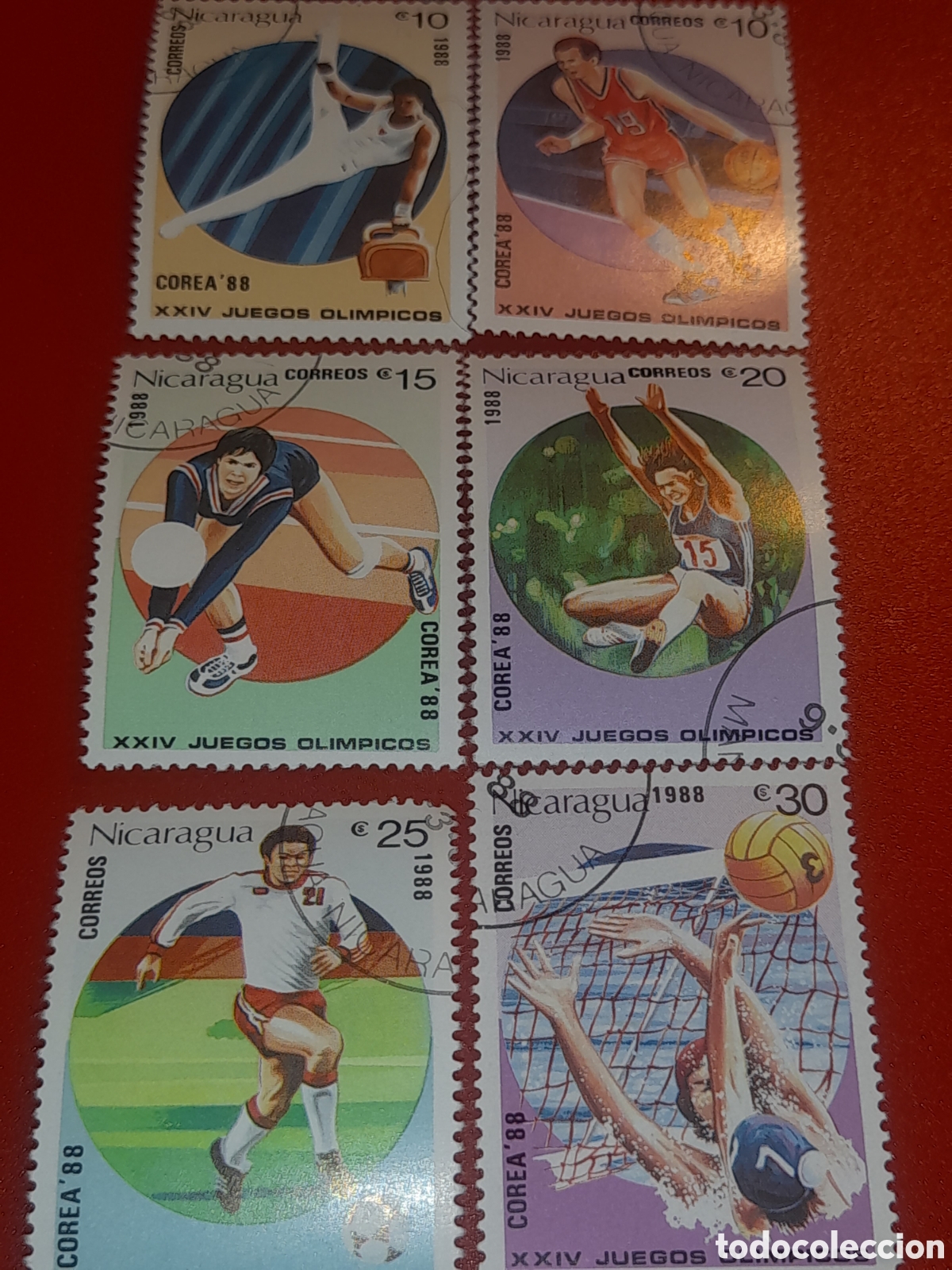 Sellos: Sello Nicaragua mtdo 1988. Juegos olimpiada Se&uacute;l. Deporte. Atletas. Potro. F&uacute;tbol. Salto. Waterpolo
