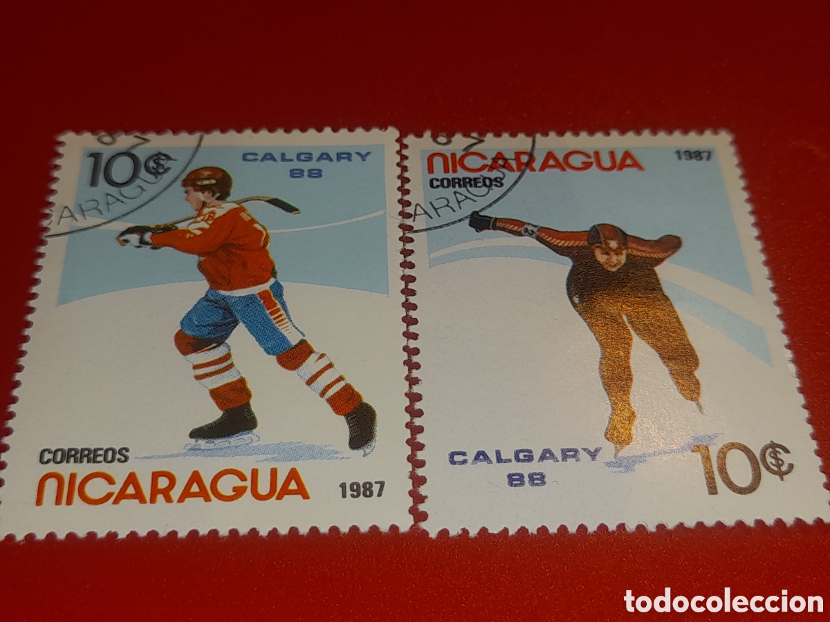 Sellos: Sello Nicaragua mtdo 1987. Juegos olimpiada invierno. Calgary, 88. Deporte. Atletas. Hockey Patinaje