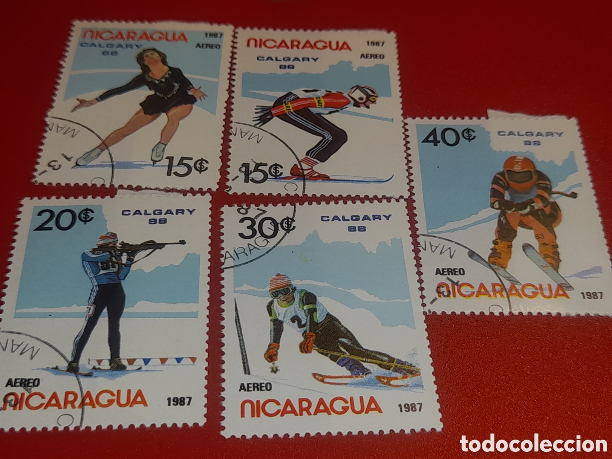 Sellos: Sello Nicaragua mtdo 1987. Juegos olimpiada invierno. Calgary, 88. Deporte. Atletas. Hockey Patinaje