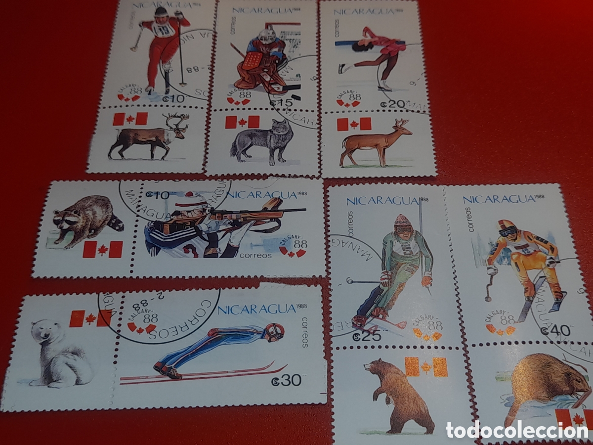 Sellos: Sello Nicaragua mtdo 1986. Juegos olimpiada invierno. Calgary,88. Deporte. Fauna. Bandera. Atletas.