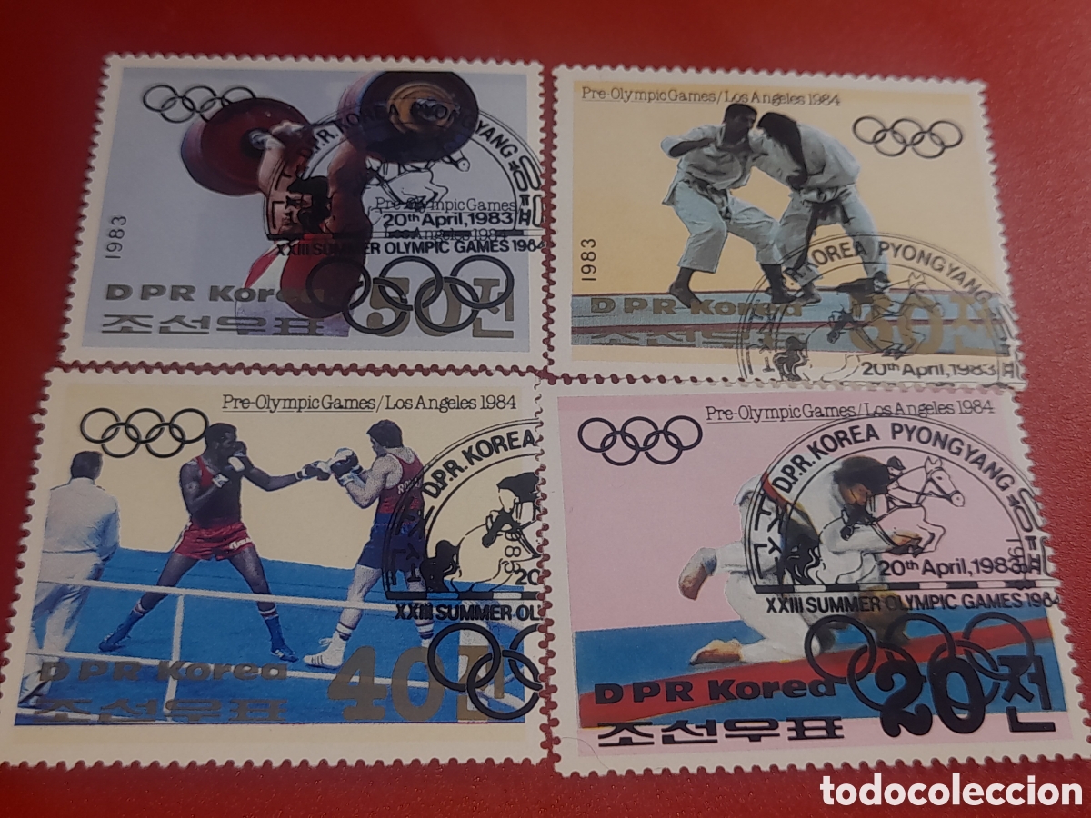 Sellos: Sello Corea Norte mtdo 1983. Juegos olimpiada Los Angeles Judo Halterofilia Boxeo Deporte