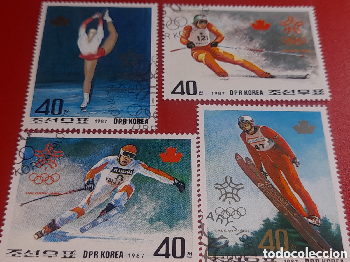 Sellos: Sello Corea Norte mtdo 1987. Juegos olimpiada invierno. Calgary. Deporte. Atletas. Esqu&iacute;. Patinaje.