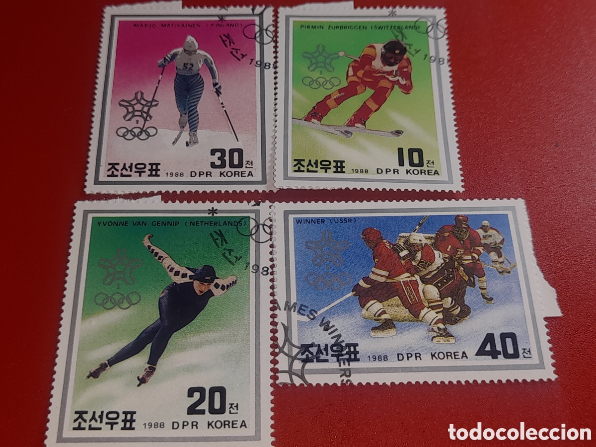 Sellos: Sello Corea Norte mtdo 1988. Juegos olimpiada invierno. Calgary. Deporte. Esqu&iacute;. Patinaje. Hockey.