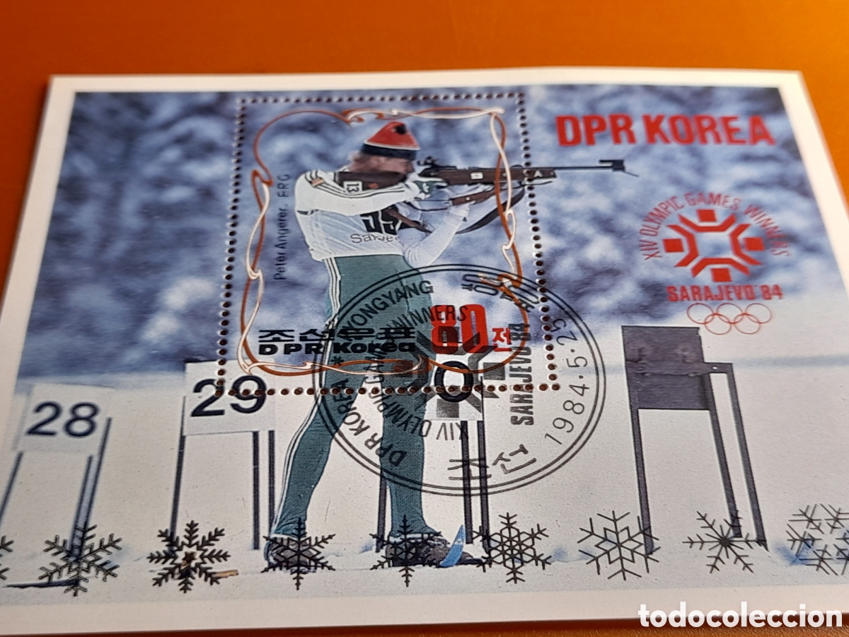 Sellos: HB Corea Norte mtdo 1984. Juegos olimpiada invierno. Sarajevo,84. Medallero. Atletas. Tiro. Rifle.
