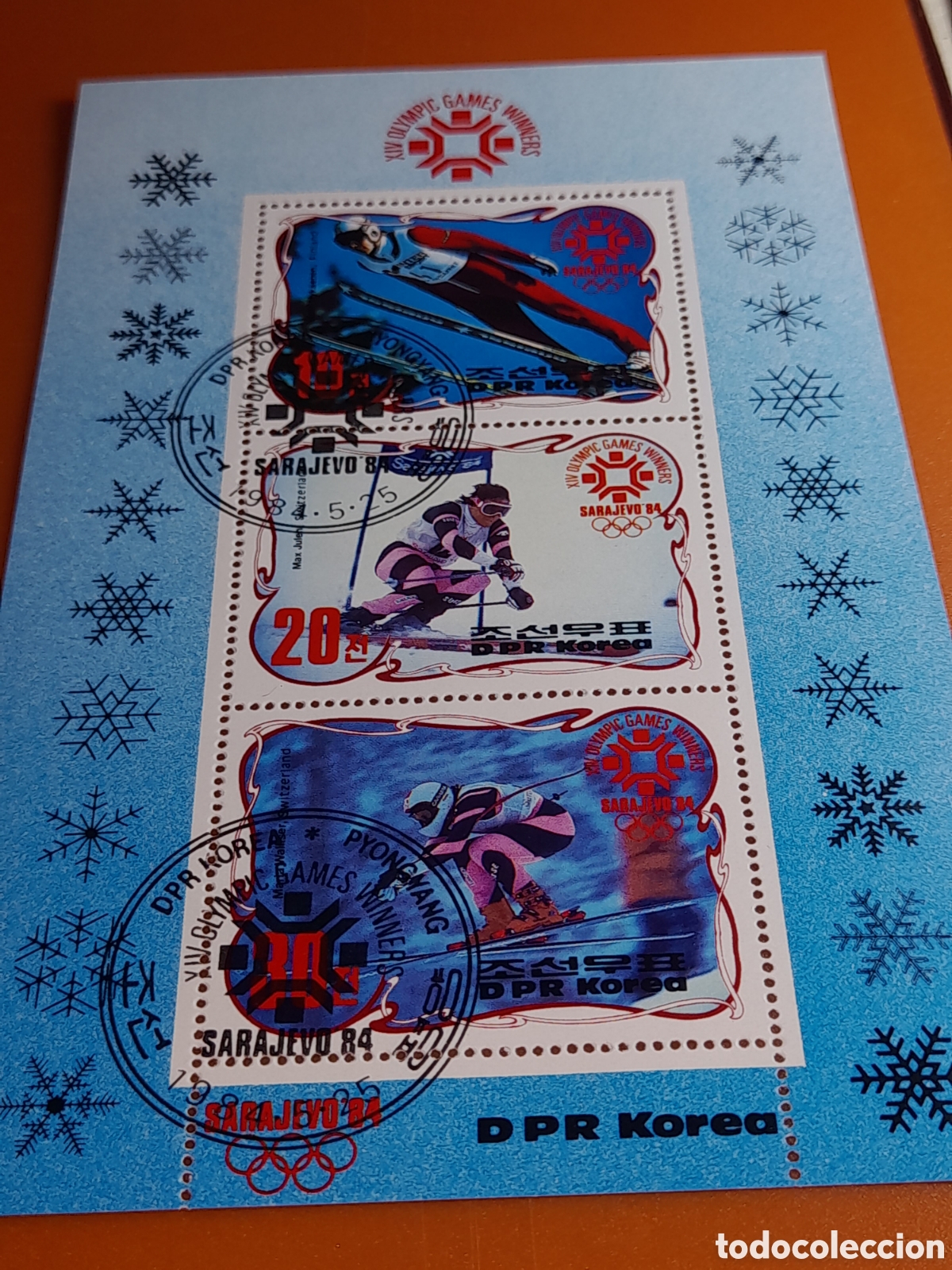 Sellos: HB Corea Norte mtdo 1984. Juegos olimpiada invierno. Sarajevo,84. Medallero. Atletas. Salto. Velocid