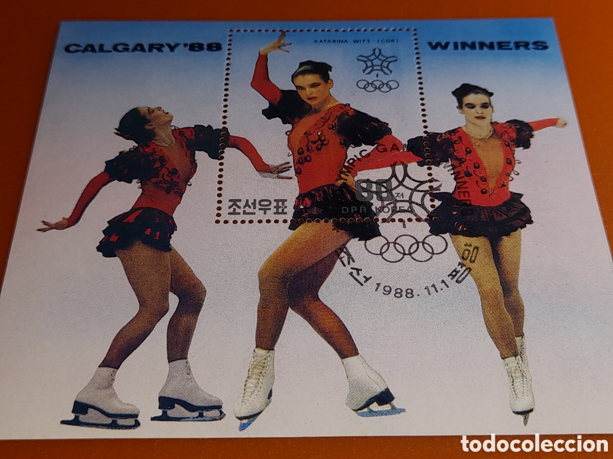 Sellos: HB Corea Norte mtdo 1988. Juegos olimpiada invierno. Calgary. Medallistas. Patinaje art&iacute;stico. Atlet