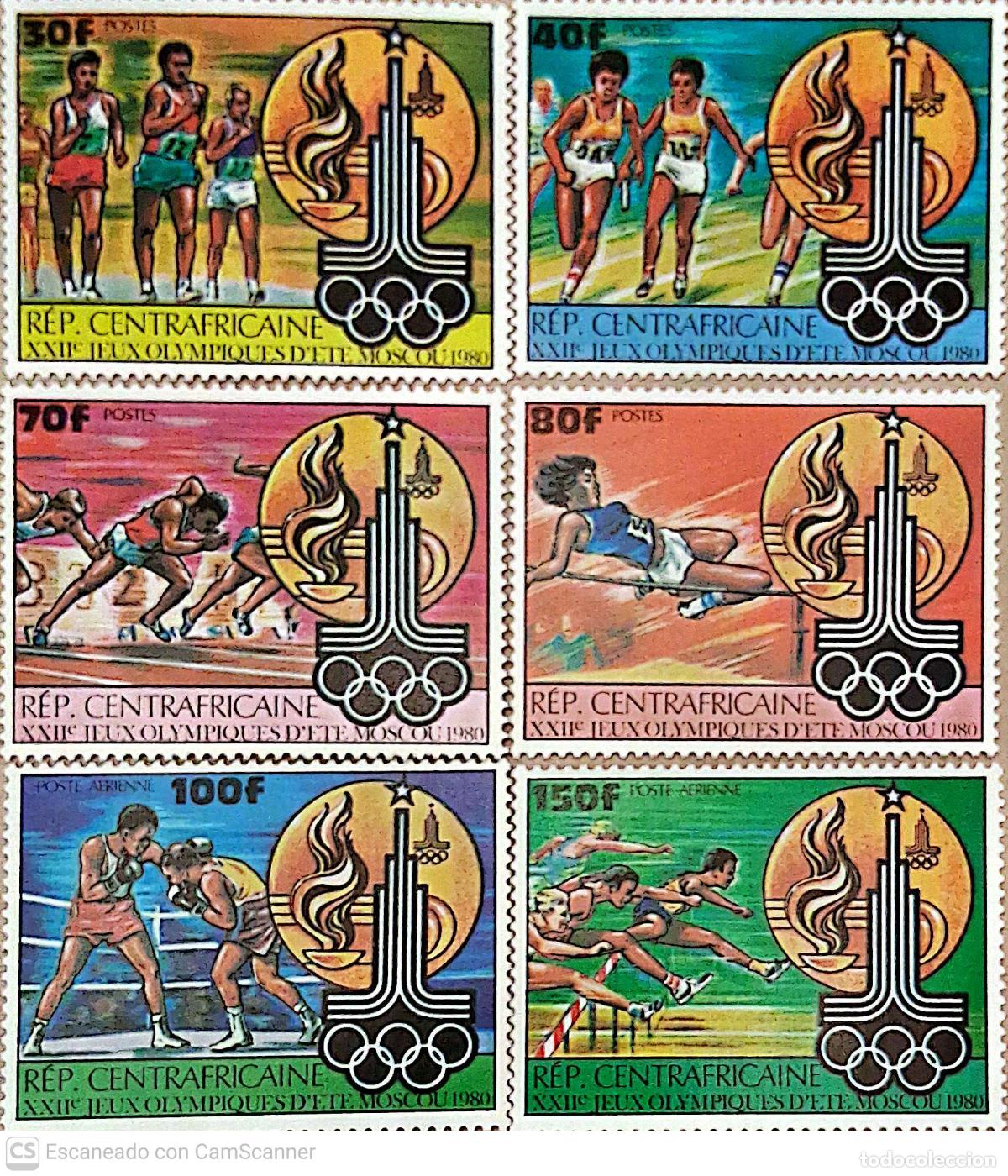Sellos: Centroafricana. 427/30 + A 224/25 Juegos Ol&iacute;mpicos de Mosc&uacute;: Deportes diversos. 1980. Sellos nuevos