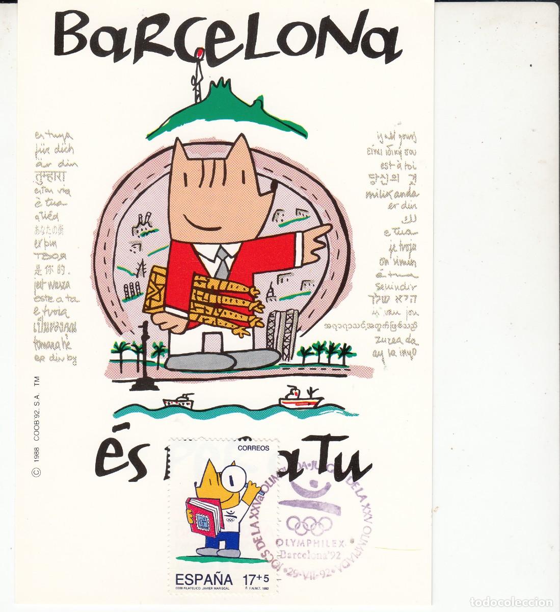 Sellos: BARCELONA 92 - MATASELLOS OLYMPHILEX - BARCELONA - 1992 EN TARJETA M&Aacute;XIMA