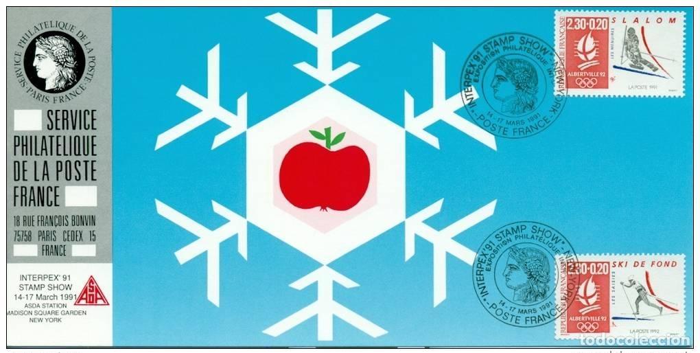 Sellos: 073 Exposici&oacute;n oficial de cartas Nueva York 1991 Francia FDC Juegos Ol&iacute;mpicos Esqu&iacute;