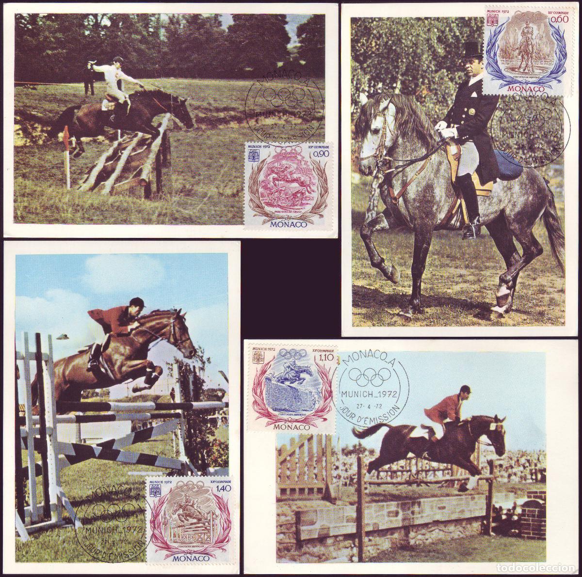 Sellos: 4 TM FDC M&oacute;naco, 1972 | M&uacute;nich &acute;72 H&iacute;pica / Equitaci&oacute;n | Yv: 890/3, Mi: 1045/8