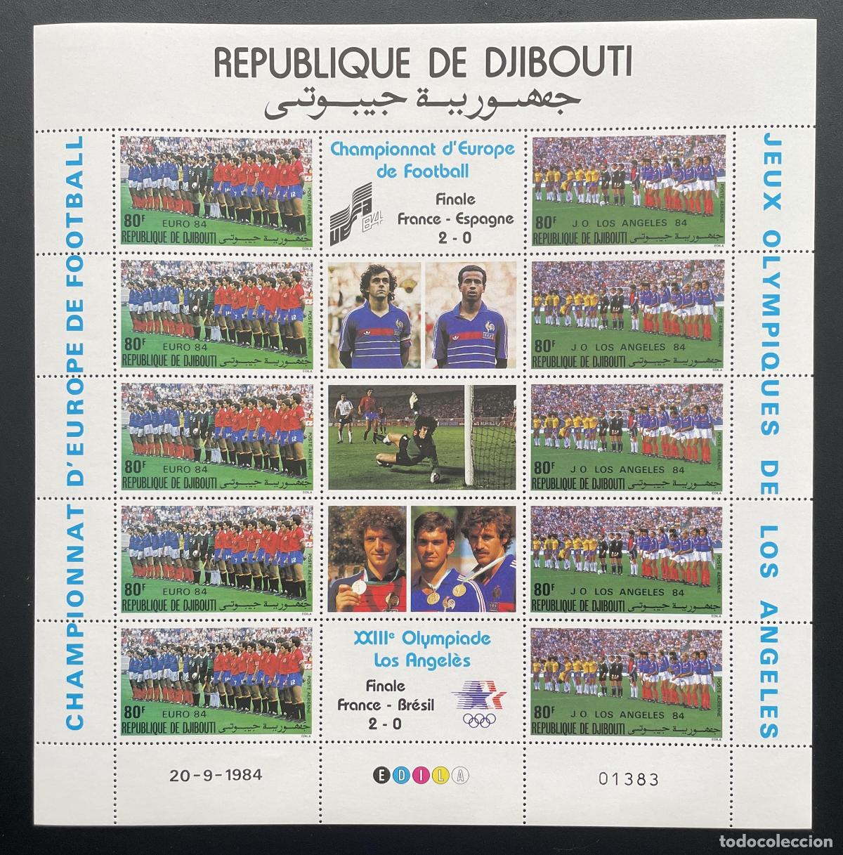 Sellos: 2x Yibuti 1984 YT PA 212A plancha f&uacute;tbol Euro 84 JJ.OO. Los &Aacute;ngeles