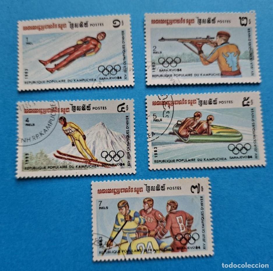 Sellos: 5 Sellos CAMBOYA 1983 (MI KH 517-21) JUEGOS OLIMPICOS INVIERNO SARAJEVO 1984 con Matasello