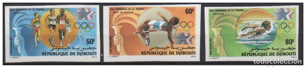 Sellos: Yibuti 1984 CARRERA DE NATACI&Oacute;N IMPERF ND Mi. 409-411 los Juegos Ol&iacute;mpicos &Aacute;ngeles