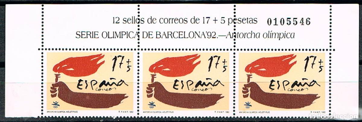 Sellos: EDIFIL N&ordm; 3213, JUEGOS OLIMPICOS BARCELONA, ANTORCHA OLIMPICA, NUEVO ** TIRA DE 3 CON CABECERA DE HO