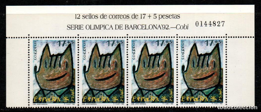 Sellos: EDIFIL 3212/4, COBI, MASCOTA DE JUEGOS OLIMPICOS DE BARCELONA, NUEVO ** TIRA DE 4 CON CABECERA HOJA