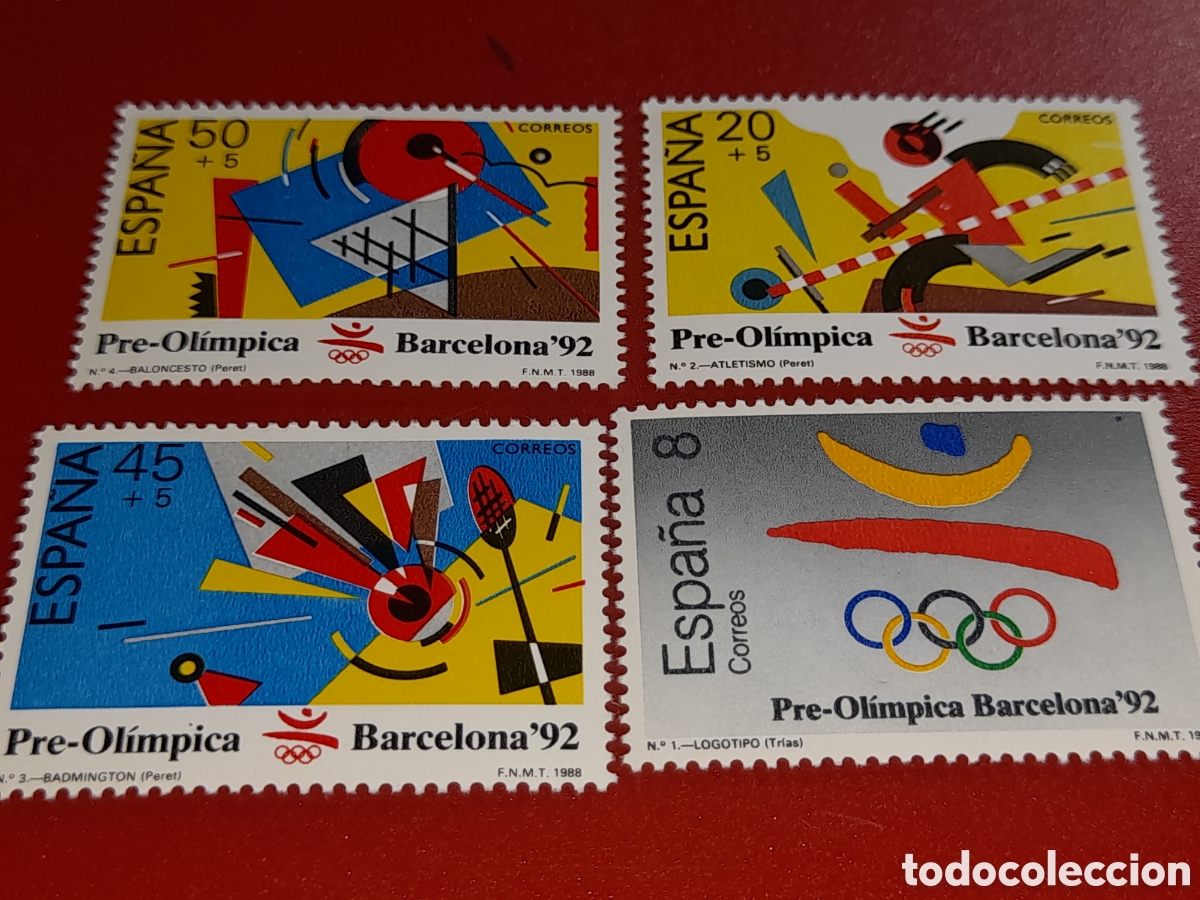 Sellos: Sello Espa&ntilde;a nuevo 1988. Juegos olimpiada Barcelona,92. Espa&ntilde;a. B&aacute;dminton. Atletismo. Baloncesto. De
