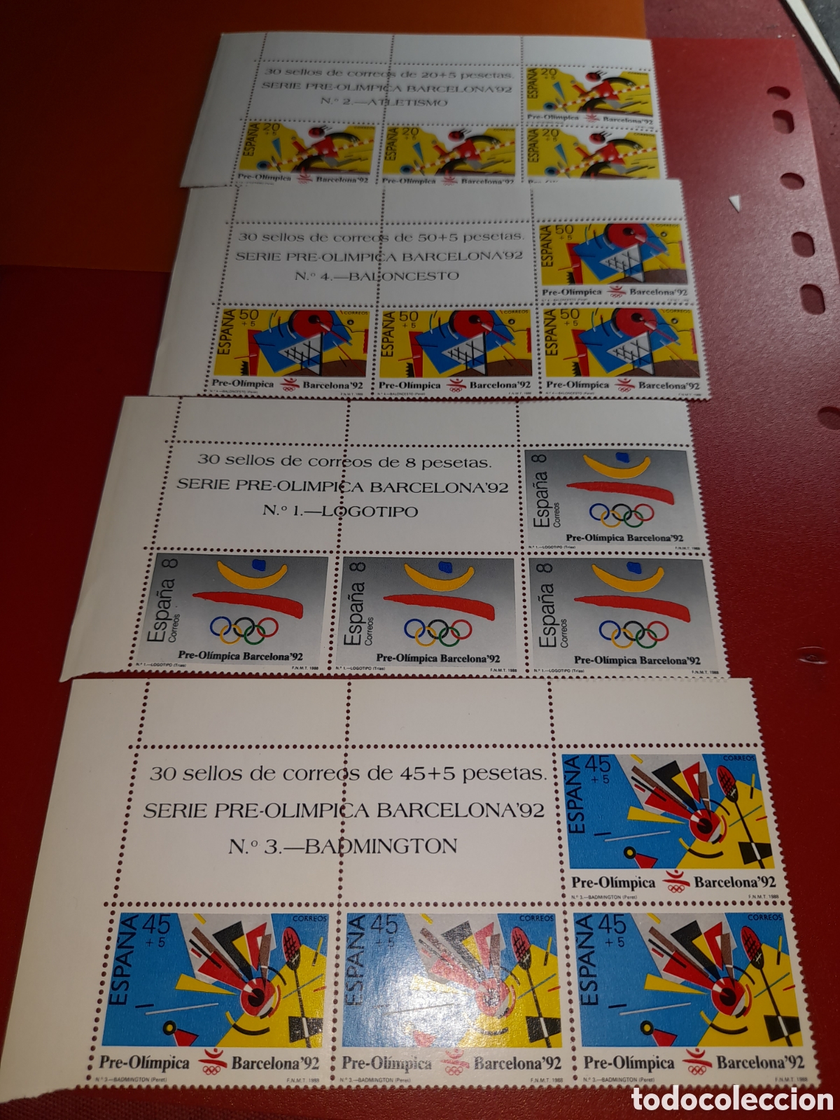 Sellos: Sello Espa&ntilde;a nuevo 1988. Juegos olimpiada Barcelona,92. Espa&ntilde;a. B&aacute;dminton. Atletismo. Baloncesto. De