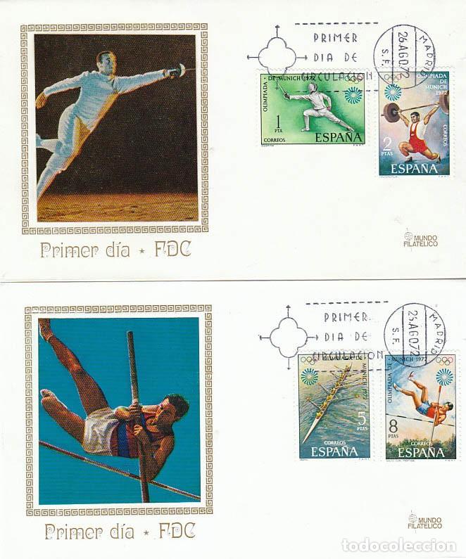 Sellos: EDIFIL 2098/101, JUEGOS OLIMPICOS DE MUNICH, PRIMER D&Iacute;A DE 26-8-1972 2 SOBRES DE MUNDO FILATELICO