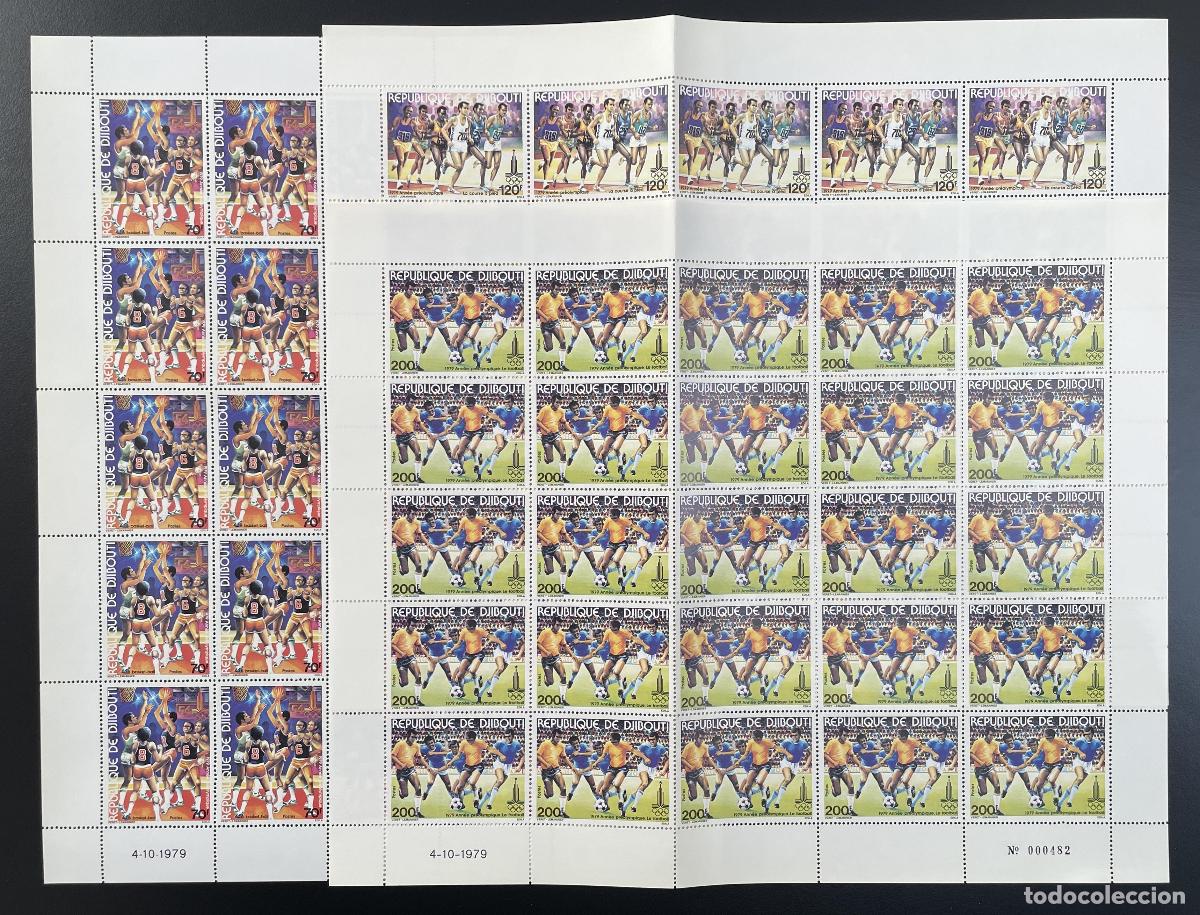 Sellos: Yibuti 1979 YT 509-511 bloque JJ.OO. baloncesto f&uacute;tbol Mosc&uacute; 1980
