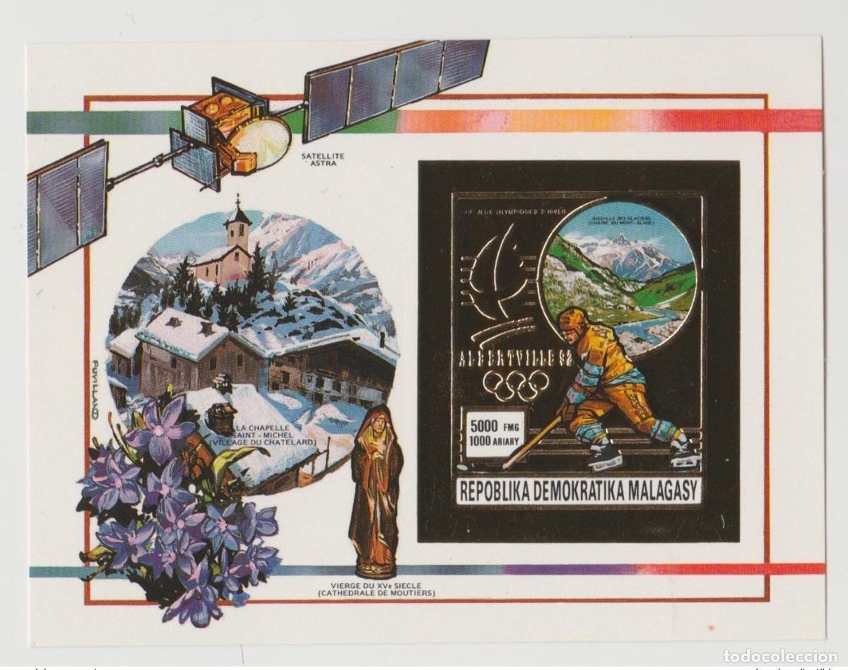 Sellos: Madagascar 1990/1992 Mi. Bl. 145B Juegos Ol&iacute;mpicos Albertville Invierno Oro