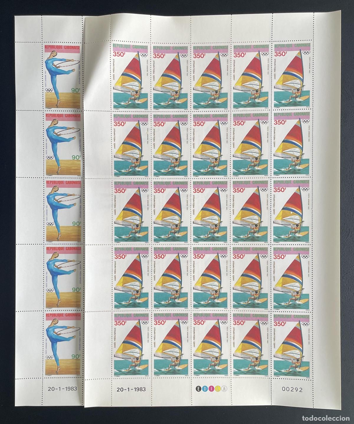 Sellos: Gab&oacute;n 1983 YT PA 254-255 bloque JJ.OO. gimnasia vela Los &Aacute;ngeles
