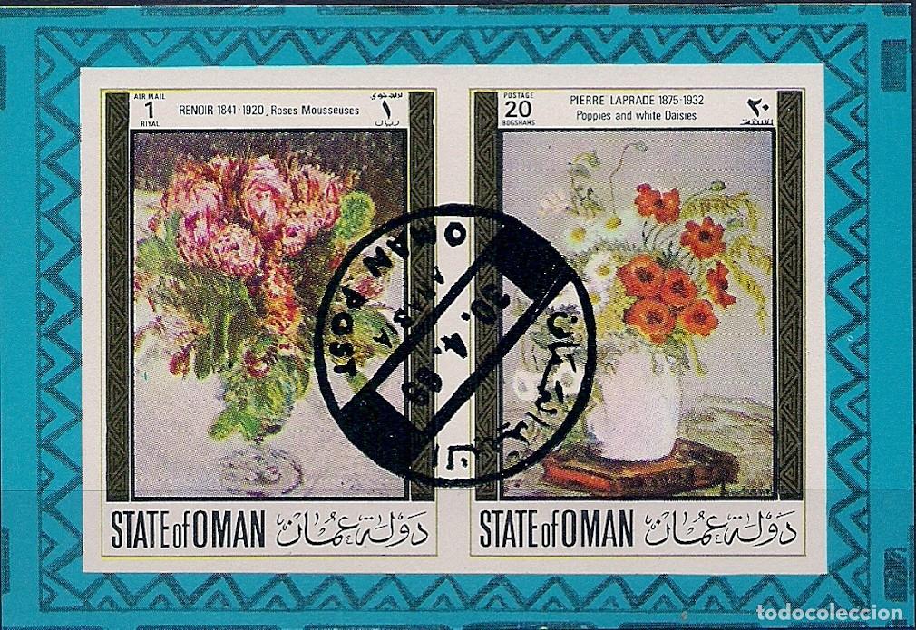 Sellos: STATE DE OMAN - PEQUE&Ntilde;O BLOQUE MARGARITAS BLANCAS Y ROSAS ESPUMOSAS - ESTAMPADO