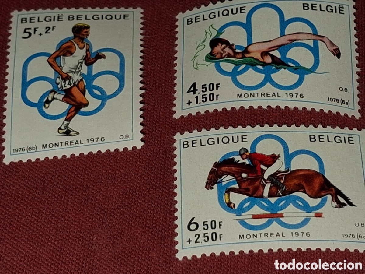 Sellos: Sello B&eacute;lgica nuevo 1976. Juegos olimpiada. Montreal. Deporte. Caballo. H&iacute;pica. Salto. Nataci&oacute;n. Car