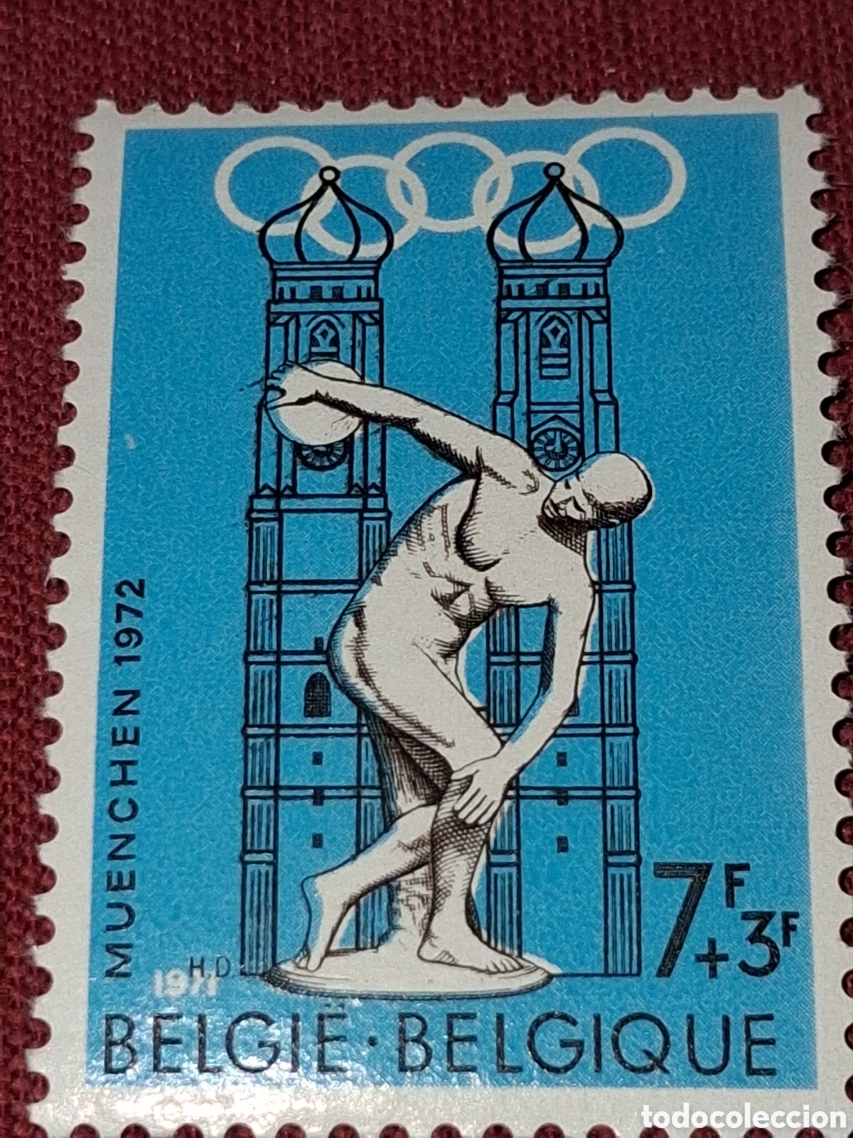 Sellos: Sello B&eacute;lgica nuevo 1971. Juegos olimpiada Munich,72. Deporte. Atleta griego. Aros. Arquitectura