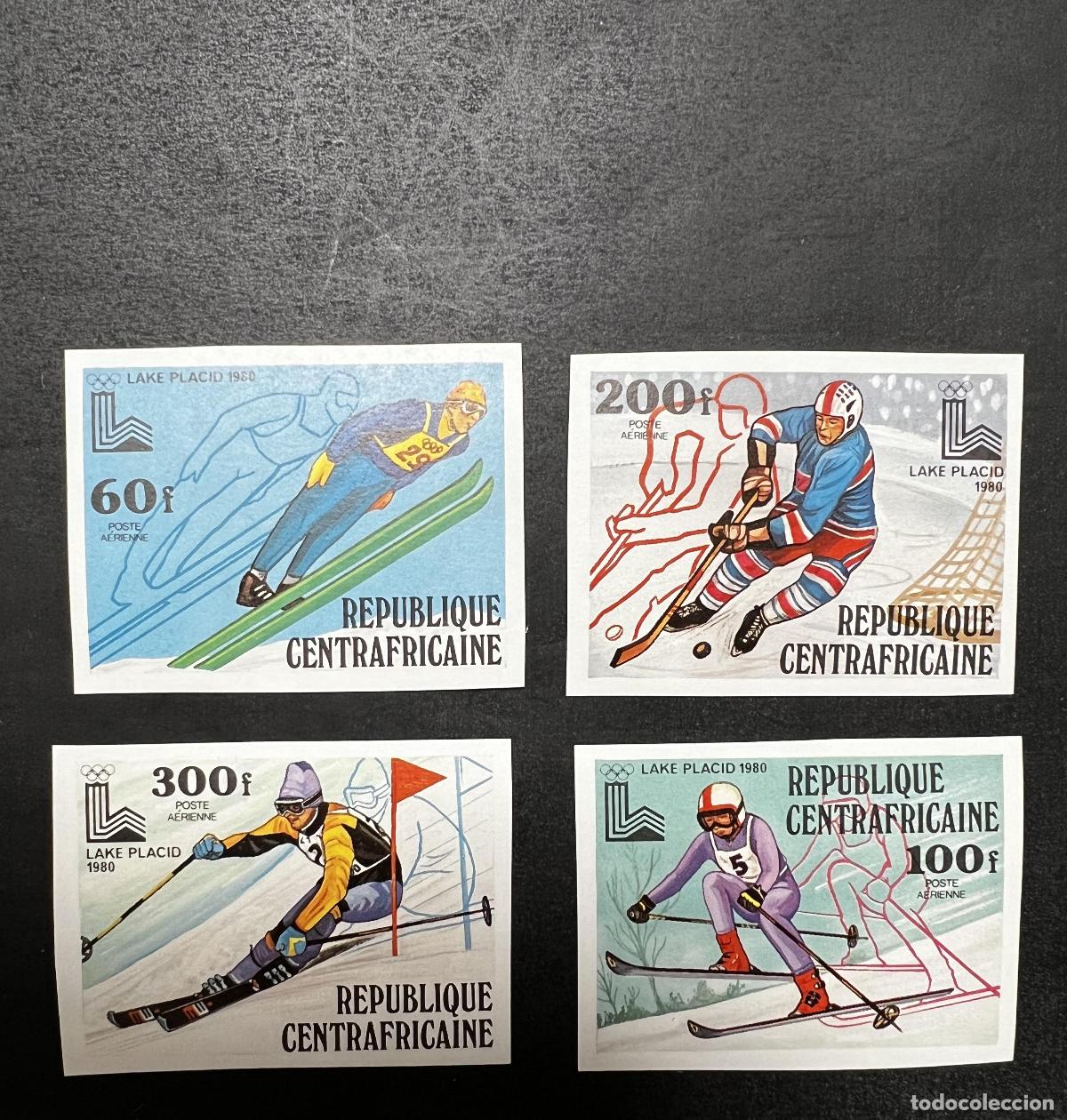 Sellos: Centro&aacute;frica 1979 Mi. 632-635B ND JO Lake Placid ski hockey salto