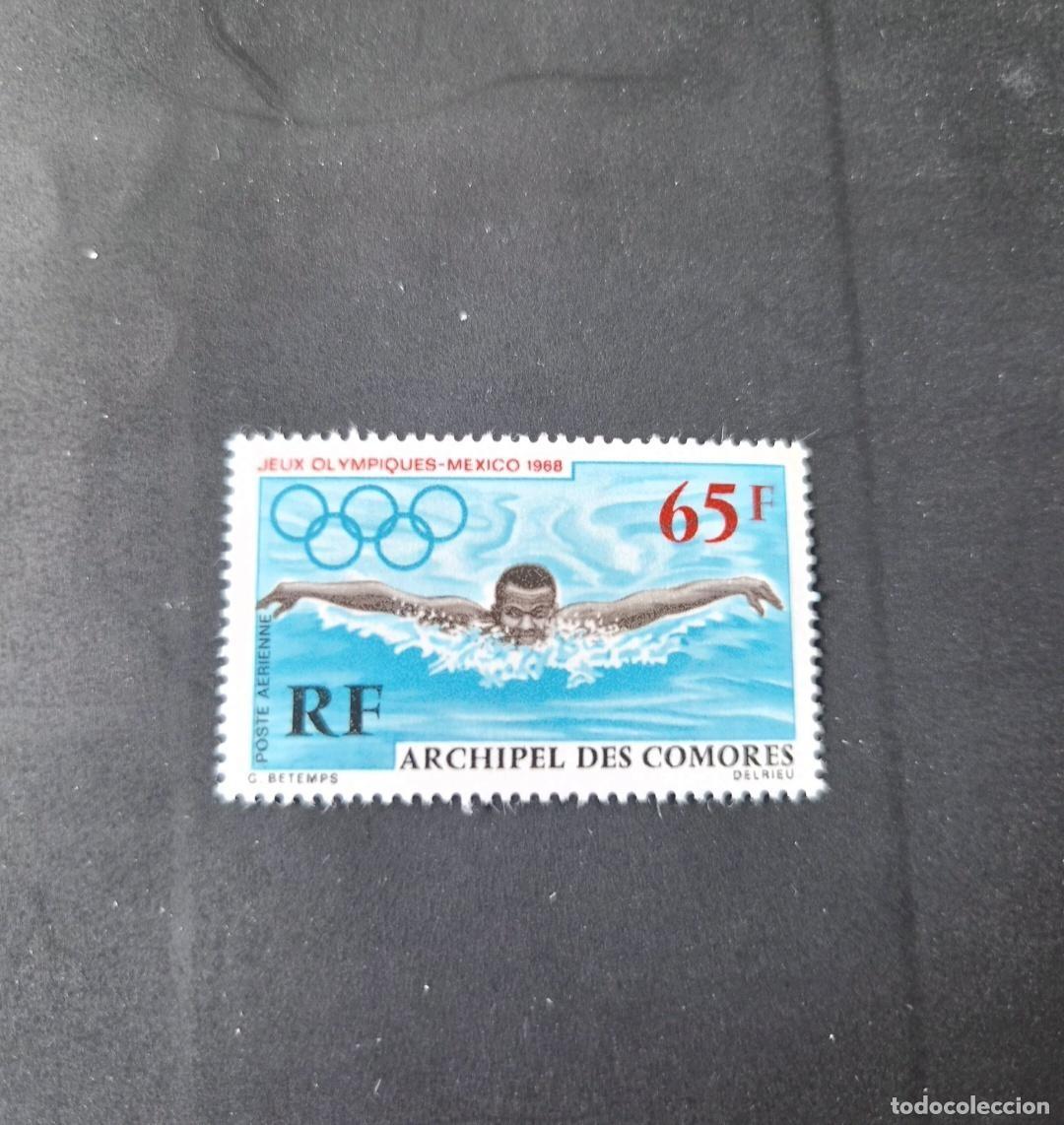 Sellos: Comoras 1968 Mi. 93 JJ.OO. M&eacute;xico nataci&oacute;n mariposa correo a&eacute;reo