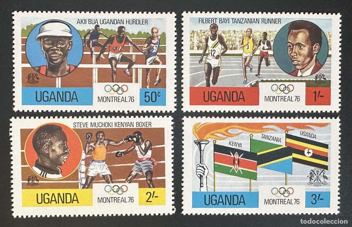 Sellos: Uganda 1976 Mi. 141-144 emisi&oacute;n conjunta JO Montreal atletismo boxeo