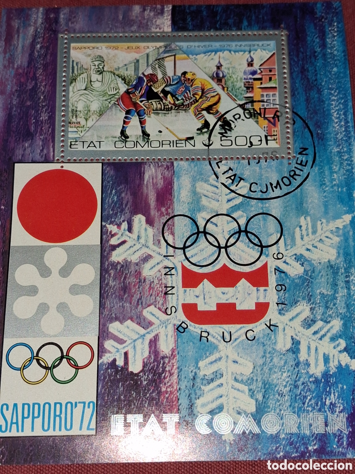 Sellos: HB Comoras mtdo 1976. Juegos olimpiada invierno. Innsbruck. Deporte. Esqu&iacute;. Hockey. Buda. Arquitectu