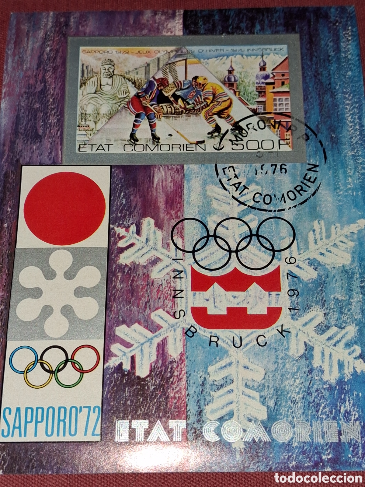Sellos: HB Comoras mtdo/sd 1976. Juegos olimpiada invierno. Innsbruck. Deporte. Esqu&iacute;. Hockey. Buda. Arquite