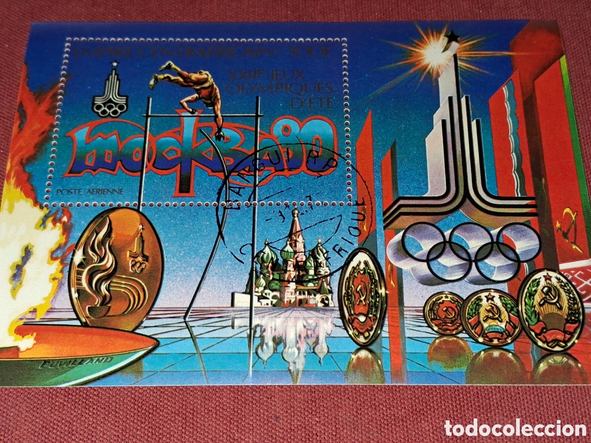 Sellos: HB Centroafricana mtdo 1979. Juegos olimpiada. Mosc&uacute;,80. Deporte. Kremlin. Salto. Medalla. Emblema