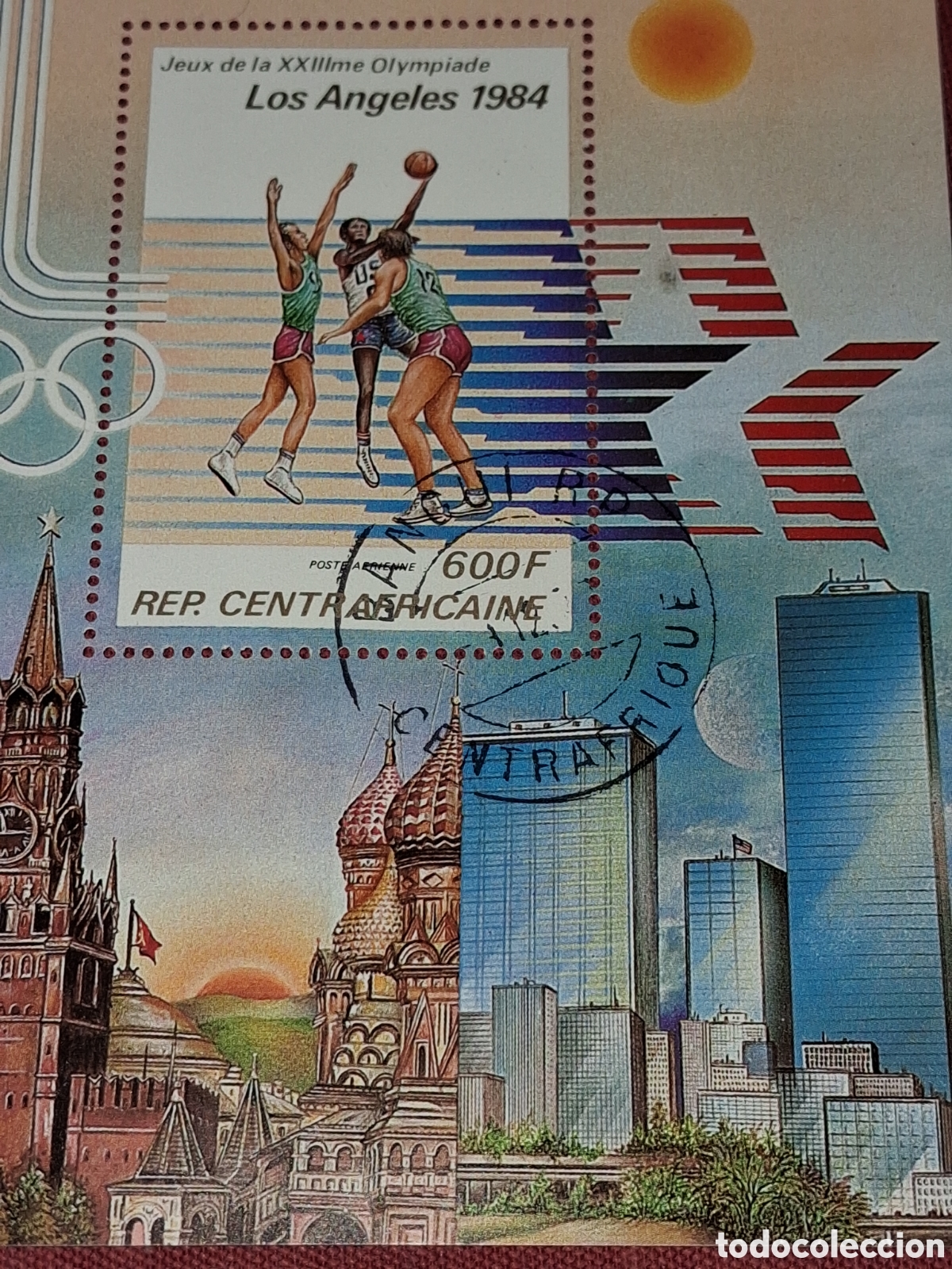 Sellos: HB Centroafricana mtdo 1979. Juegos olimpiada. Loa &Aacute;ngeles. Deporte. Baloncesto. Rascacielos.