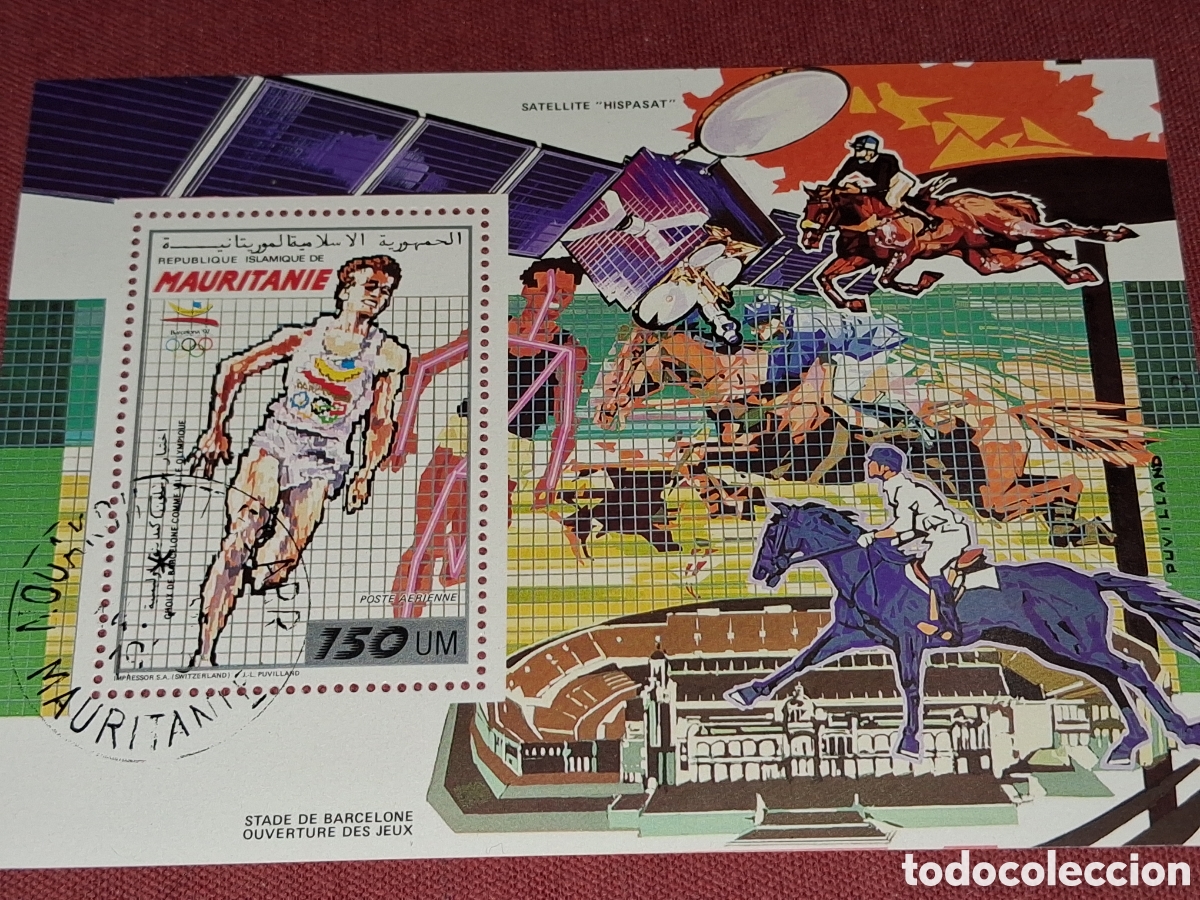 Sellos: HB Mauritania mtdo 1990. Juegos olimpiada. Barcelona,92. Deporte. Caballos. H&iacute;pica. Estadium. Sateli