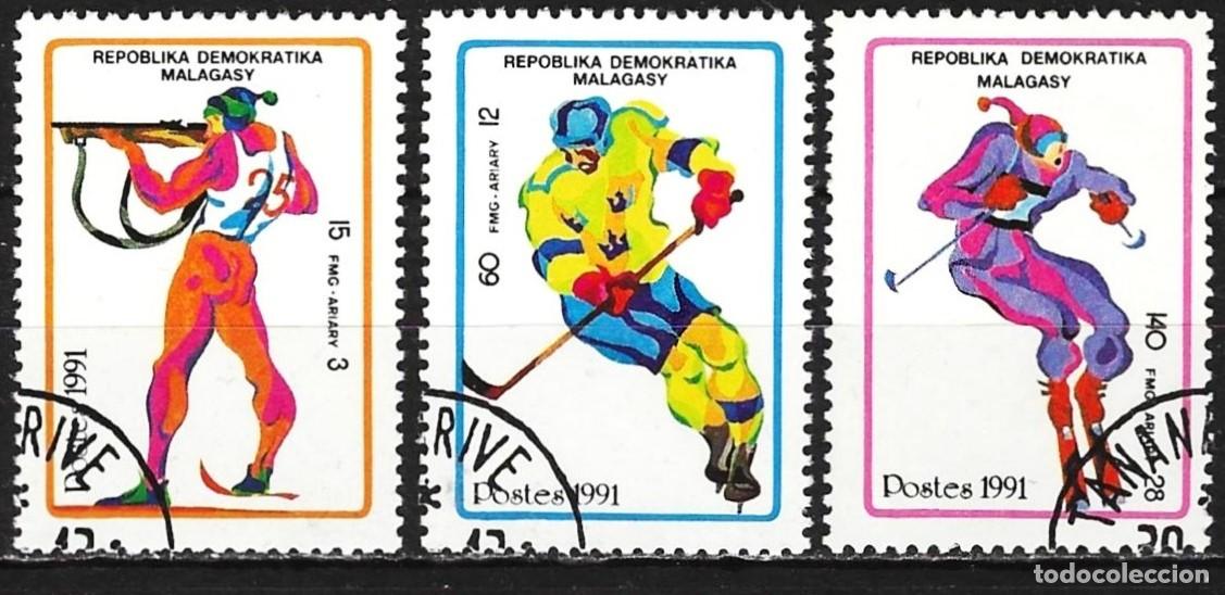 Sellos: Madagascar 1991 - Mi 1339 a 1341 - YT 1032 a 1034 - Juegos ol&iacute;mpicos en Albertville