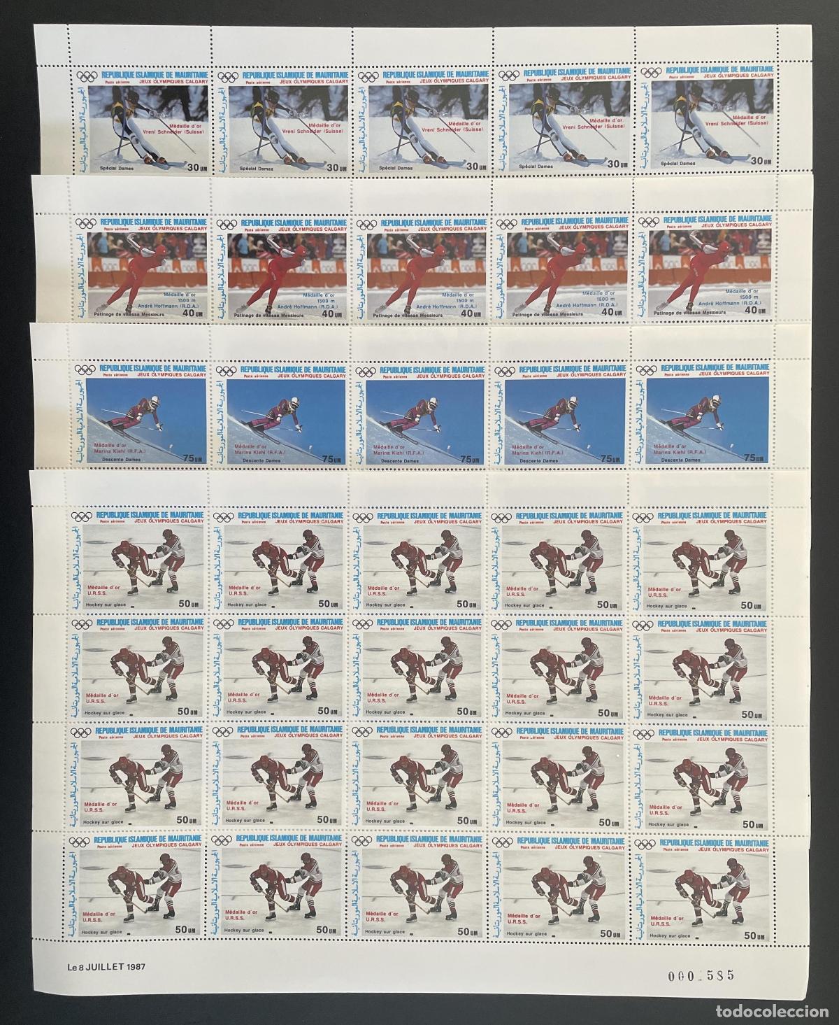 Sellos: Mauritania 1988 YT PA 255-258 tabl&oacute;n sobrecarga JJ.OO. Calgary esqu&iacute;