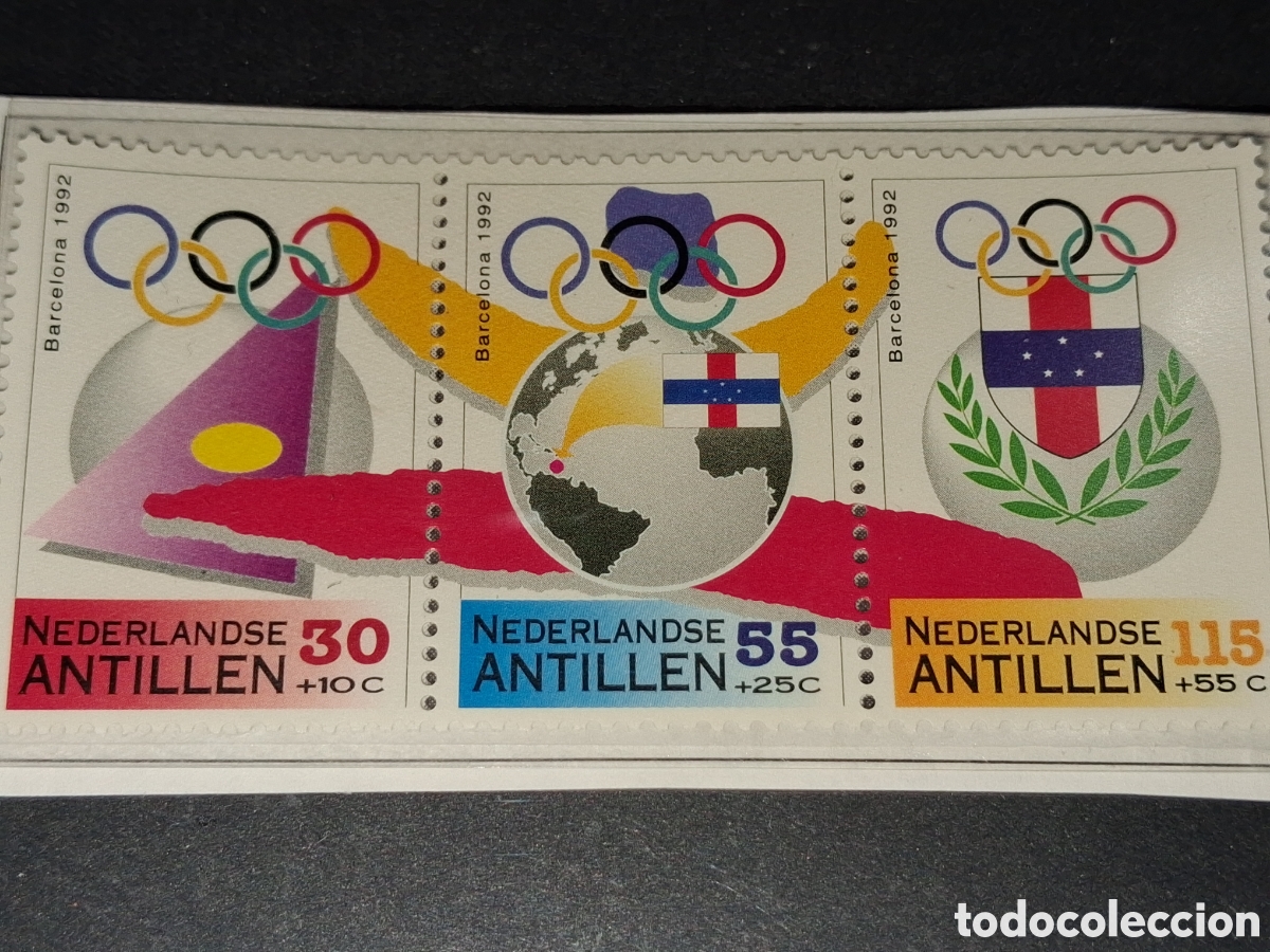 Sellos: Sello Antillas Holandesas nuevo 1992. Juegos olimpiada. Barcelona,92. Deporte. Bandera. Globo terr&aacute;q