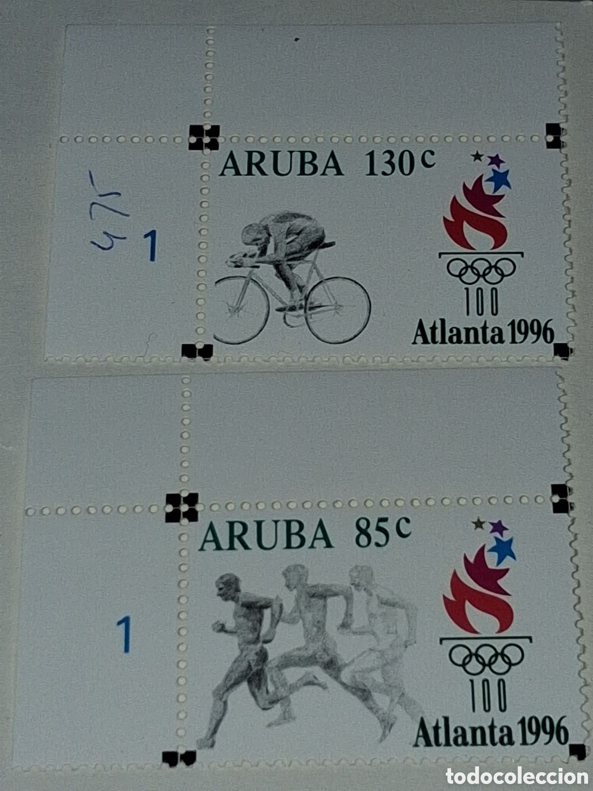 Sellos: Sello Aruba nuevo 1996. Juegos olimpiada. Atlanta. 100Aniv Comit&eacute; O. I. Deporte. Carreras. Ciclismo.