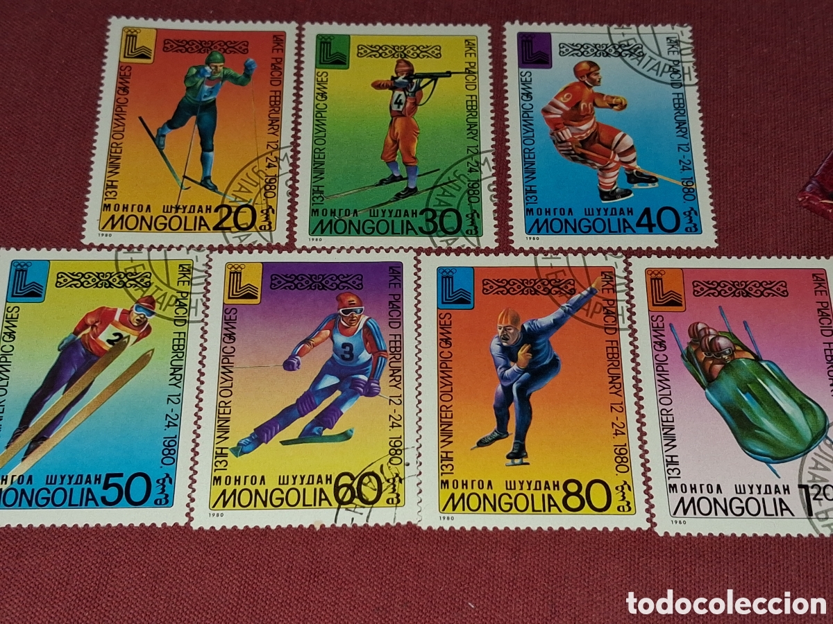Sellos: Sello Mongolia nuevo 1980. Juegos olimpiada invierno. Lake Placid. Deporte. Esqu&iacute;. Salto. Tiro. Pati