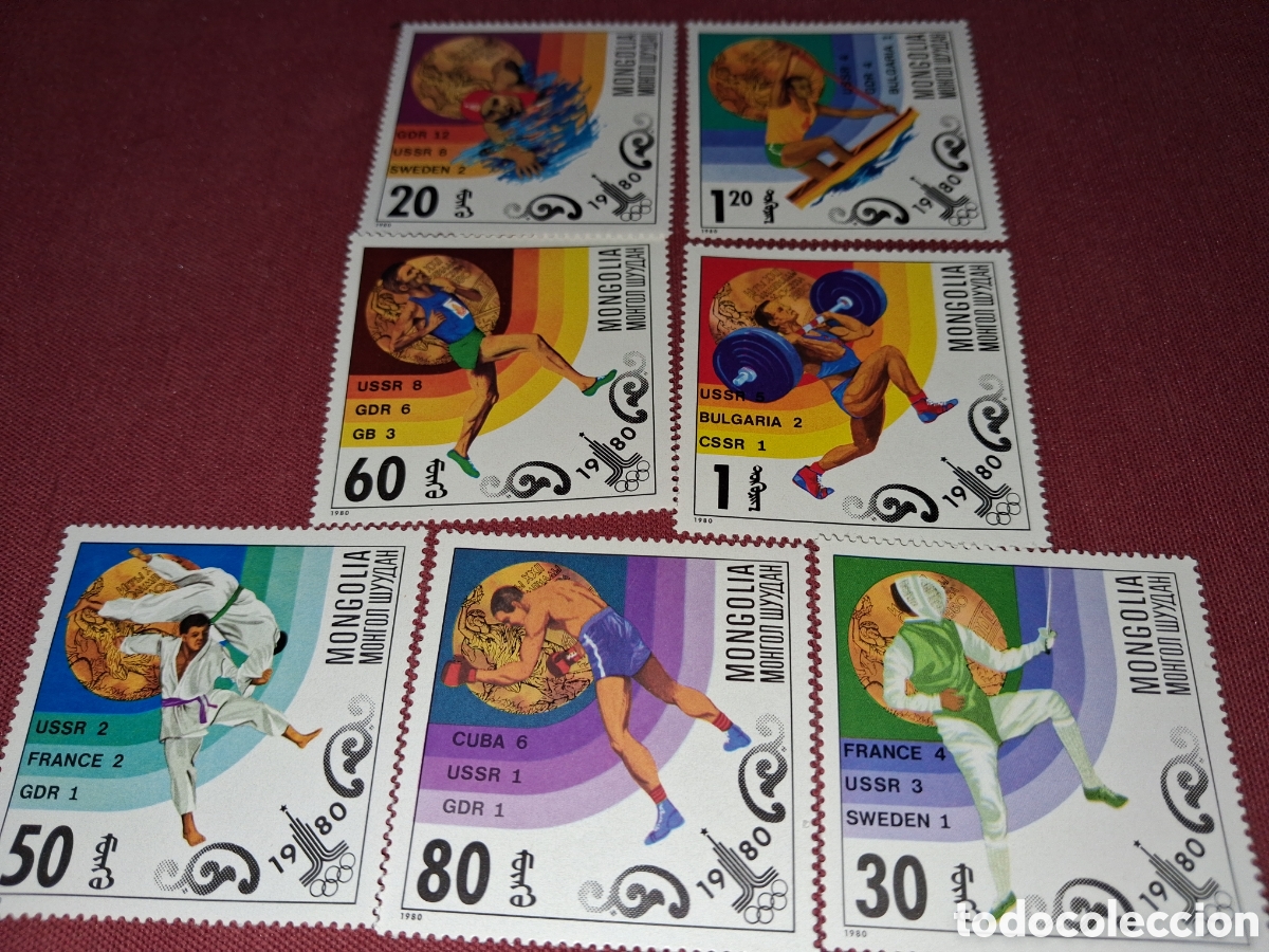 Sellos: Sello Mongolia nuevo 1980. Juegos olimpiada Mosc&uacute;. Medallero. Atletas. Nataci&oacute;n. Halterofilia. Esgri