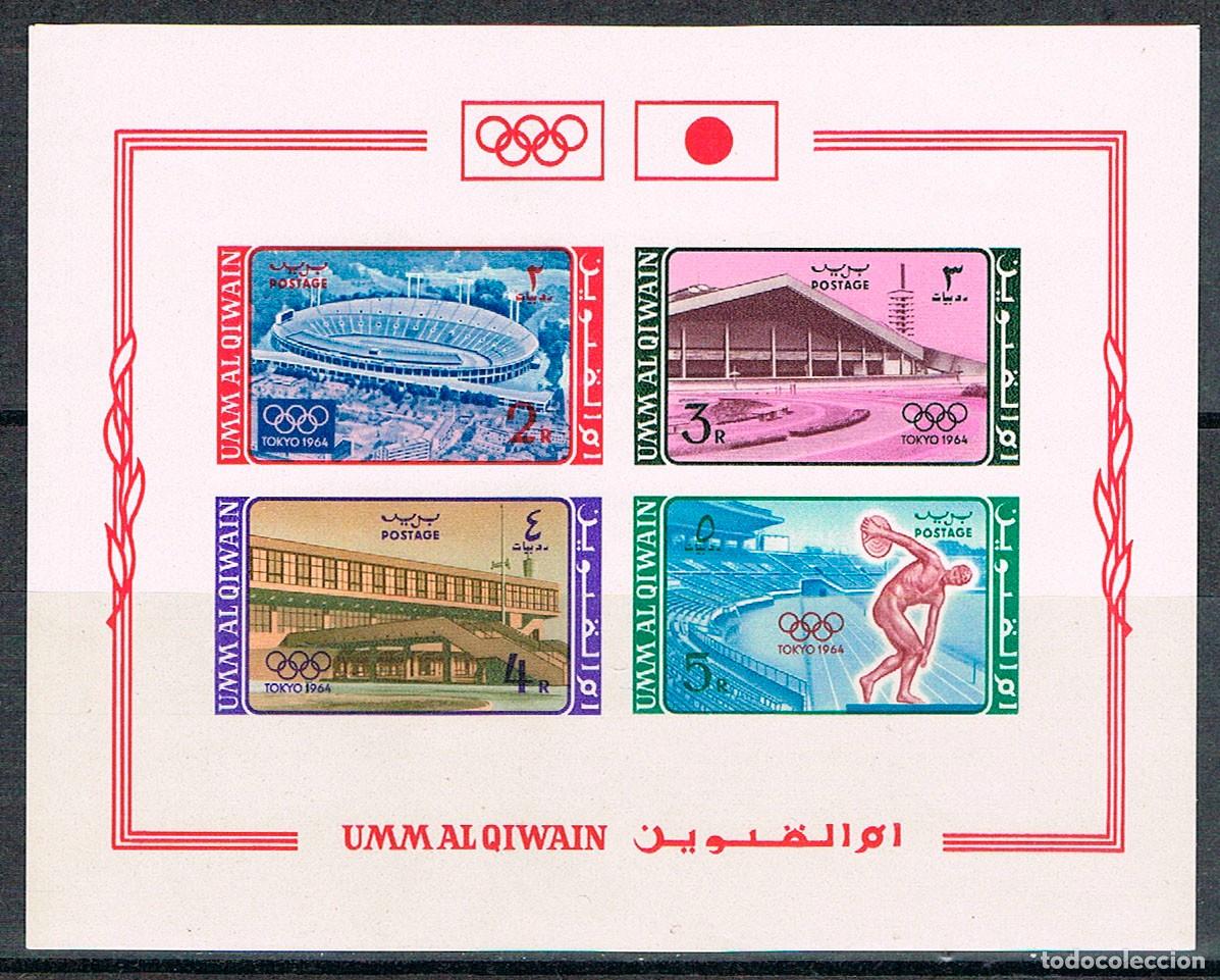 Briefmarken: Umm Al Qiwain 26/9, Juegos olimpicos de Tokio, estadios ol&iacute;mpicos, hoja bloque sin dentar, nuevo ***