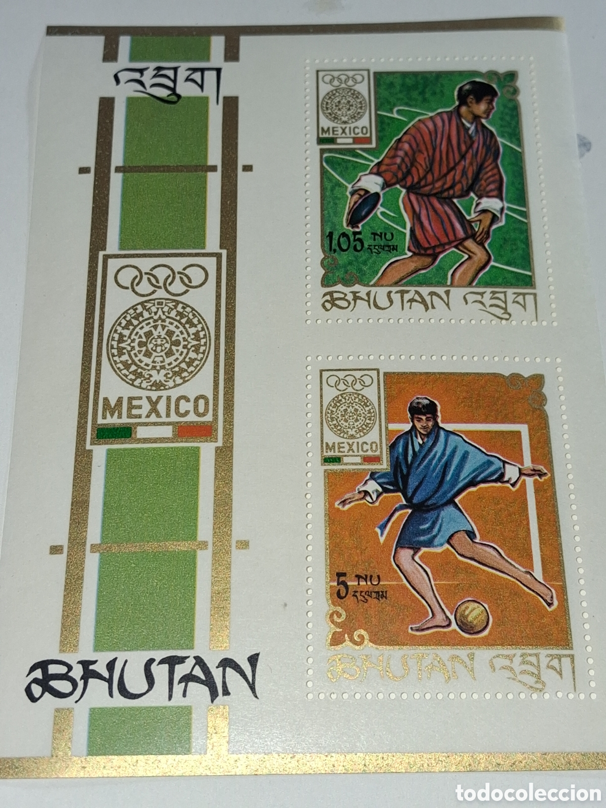 Sellos: HB Bhutan nuevo 1968. Juegos olimpiada Mexico,68. Deporye. Lanza Disco. Futbol. Disgraz. Folclore.