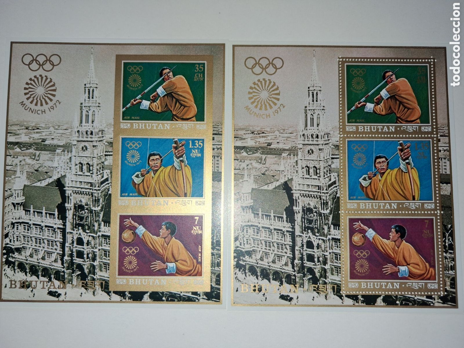 Sellos: HB (2) Bhut&aacute;n nuevo 1972. Juegos olimpiada Munich. Deporte. Jabalina. Arco. Tiro. Arquitectura.